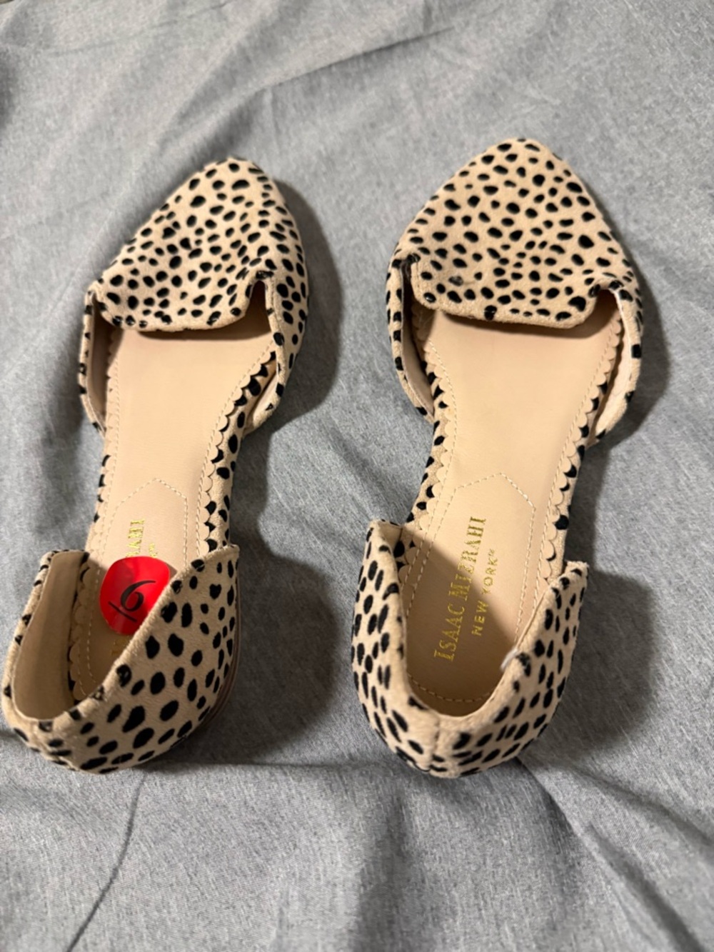 Isaac Mizrahi Beige and Black Spotted D'Orsay Flats